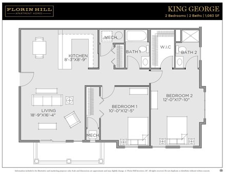 Floor plan for 2 beds, 2 baths, 1083 sqft